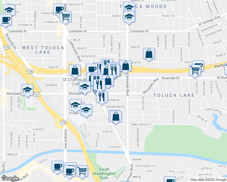 map of restaurants, bars, coffee shops, grocery stores, and more near 10657 Moorpark Street in Los Angeles