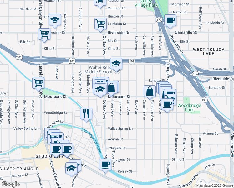 map of restaurants, bars, coffee shops, grocery stores, and more near 11611 Moorpark Street in Los Angeles