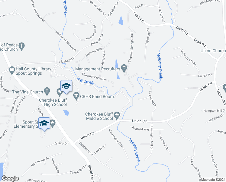 map of restaurants, bars, coffee shops, grocery stores, and more near 5599 Chestnut Creek Lane in Flowery Branch