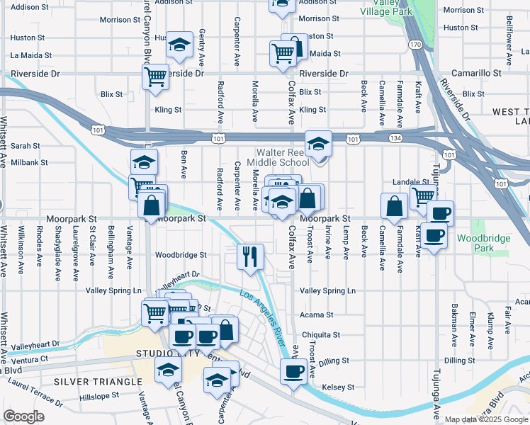 map of restaurants, bars, coffee shops, grocery stores, and more near 11747 Moorpark Street in Los Angeles