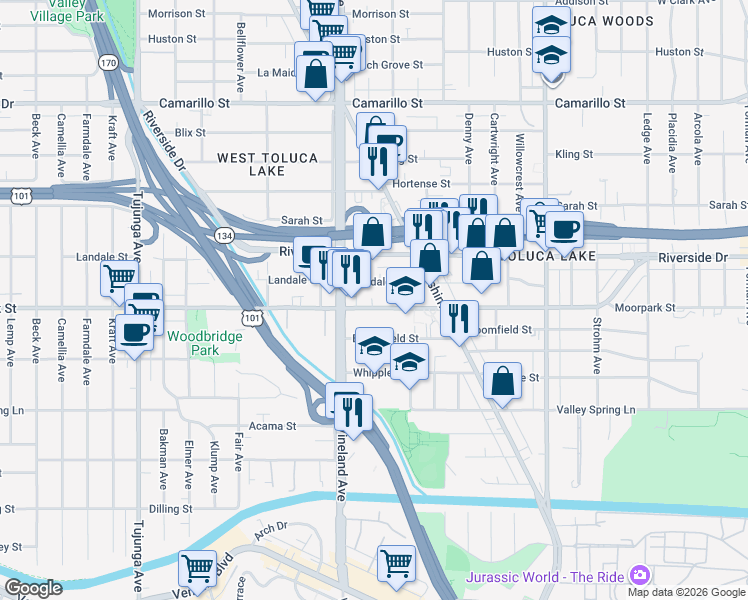 map of restaurants, bars, coffee shops, grocery stores, and more near 10923 Moorpark Street in Los Angeles