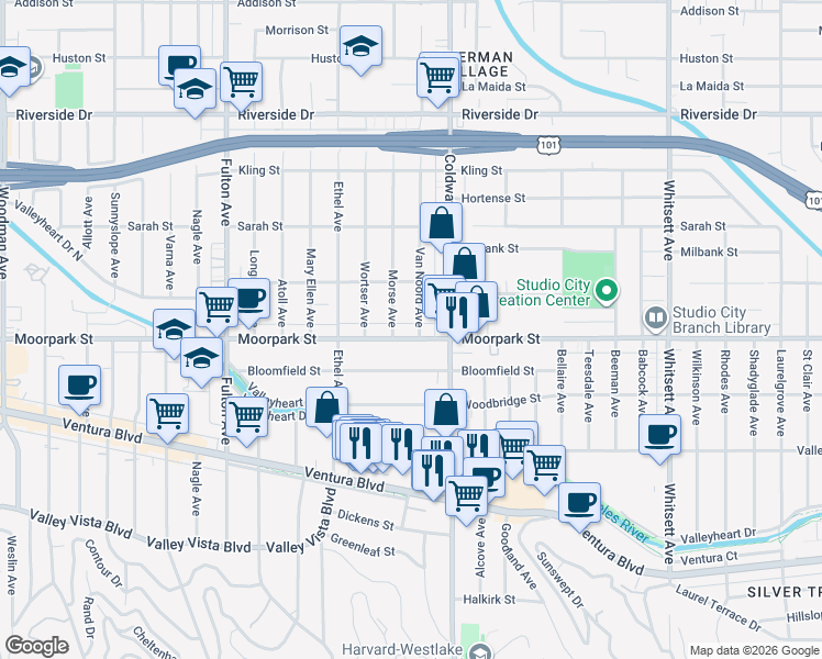 map of restaurants, bars, coffee shops, grocery stores, and more near 12945 Moorpark Street in Los Angeles