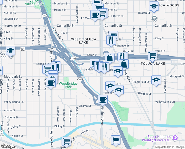 map of restaurants, bars, coffee shops, grocery stores, and more near 11041 Moorpark Street in Los Angeles