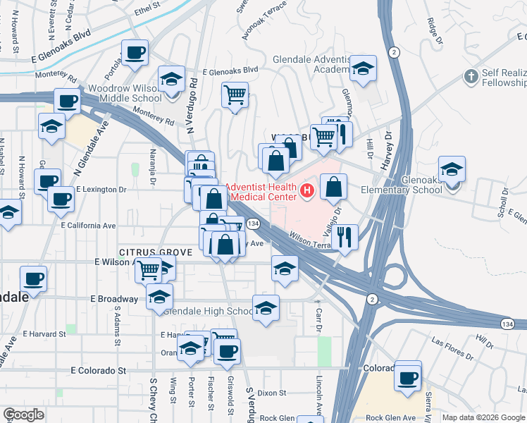 map of restaurants, bars, coffee shops, grocery stores, and more near 1477 East California Avenue in Glendale