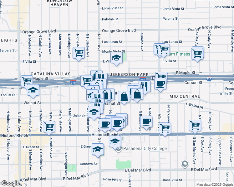 map of restaurants, bars, coffee shops, grocery stores, and more near 1522 Locust Street in Pasadena