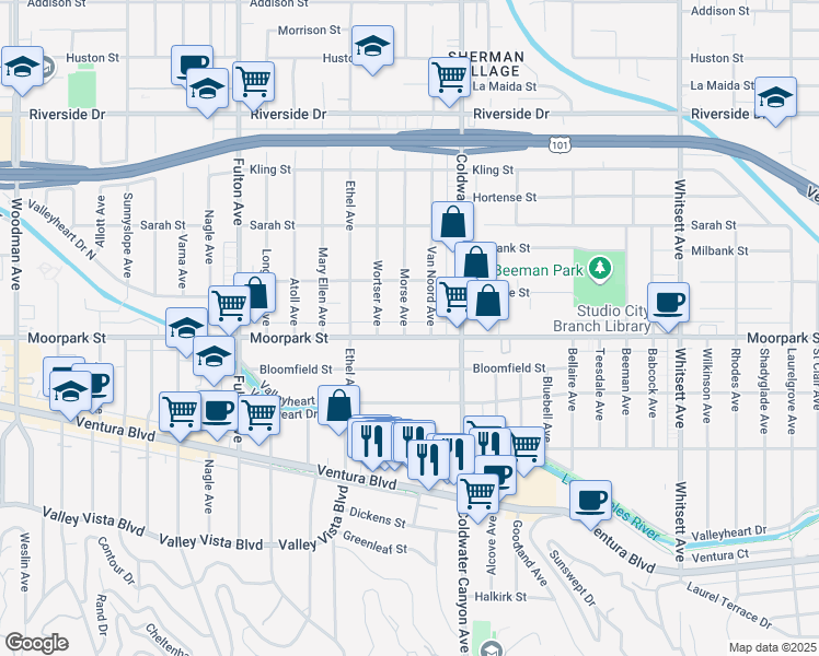 map of restaurants, bars, coffee shops, grocery stores, and more near 12961 Moorpark Street in Los Angeles