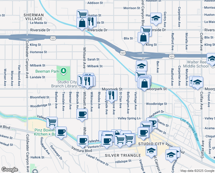 map of restaurants, bars, coffee shops, grocery stores, and more near 12355 Moorpark Street in Los Angeles