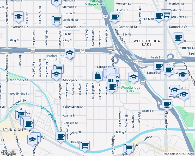 map of restaurants, bars, coffee shops, grocery stores, and more near 11469 Moorpark Street in Los Angeles