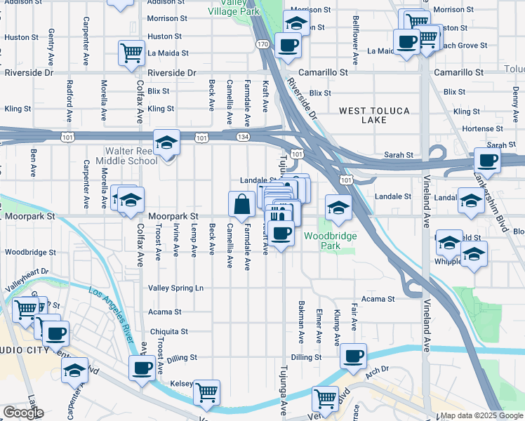 map of restaurants, bars, coffee shops, grocery stores, and more near 4413 Tujunga Avenue in Los Angeles