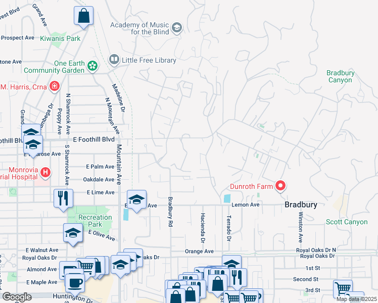 map of restaurants, bars, coffee shops, grocery stores, and more near 18 Dovetail Lane in Bradbury
