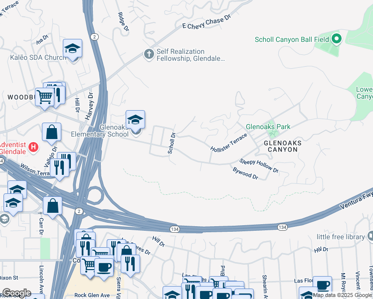 map of restaurants, bars, coffee shops, grocery stores, and more near 2245 East Glenoaks Boulevard in Glendale