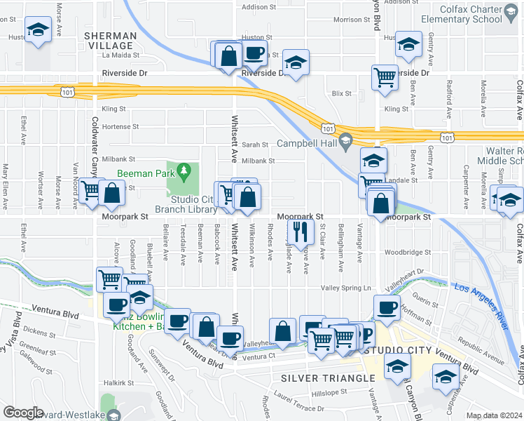 map of restaurants, bars, coffee shops, grocery stores, and more near 12407 Moorpark Street in Los Angeles