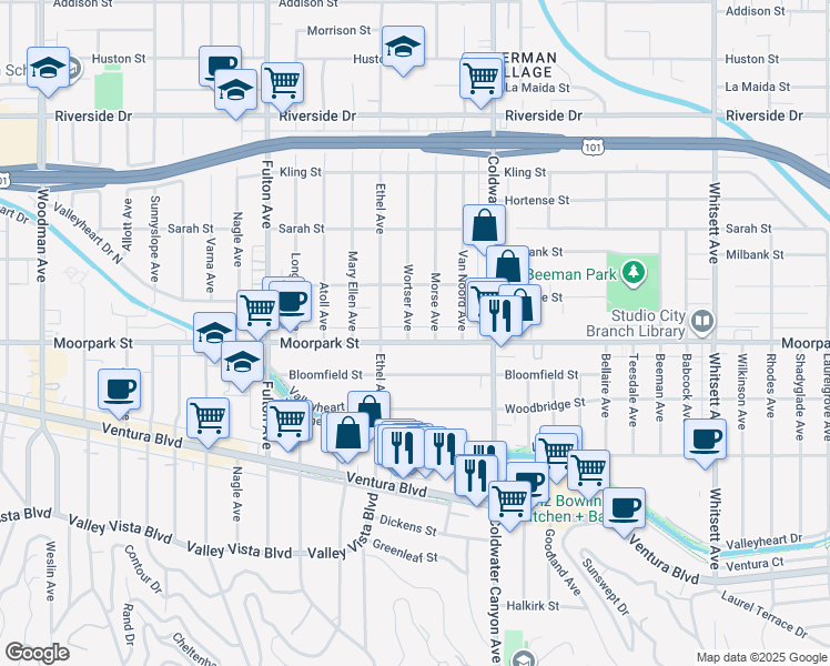 map of restaurants, bars, coffee shops, grocery stores, and more near 13041 Moorpark Street in Los Angeles