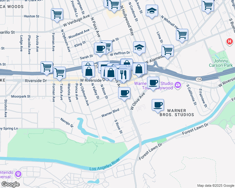 map of restaurants, bars, coffee shops, grocery stores, and more near 4110 West National Avenue in Burbank