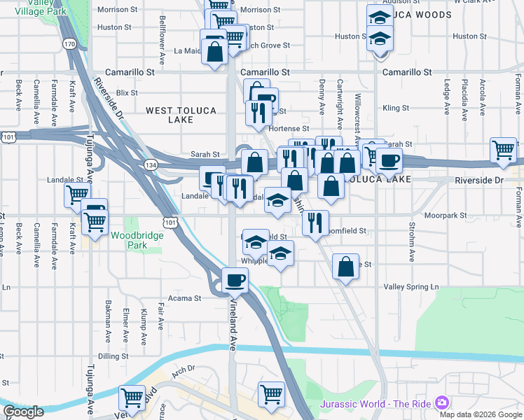 map of restaurants, bars, coffee shops, grocery stores, and more near 10913 Moorpark Street in Los Angeles