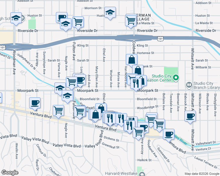 map of restaurants, bars, coffee shops, grocery stores, and more near 13041 Moorpark Street in Los Angeles