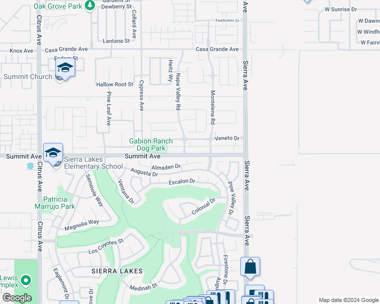 map of restaurants, bars, coffee shops, grocery stores, and more near 16621 Wyndham Lane in Fontana