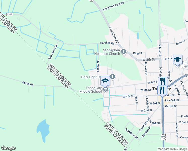 map of restaurants, bars, coffee shops, grocery stores, and more near 117 School Street in Tabor City