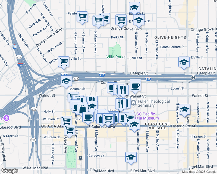 map of restaurants, bars, coffee shops, grocery stores, and more near 270 Garfield Avenue in Pasadena