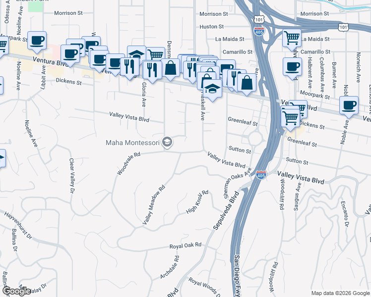 map of restaurants, bars, coffee shops, grocery stores, and more near 15645 Woodvale Road in Los Angeles