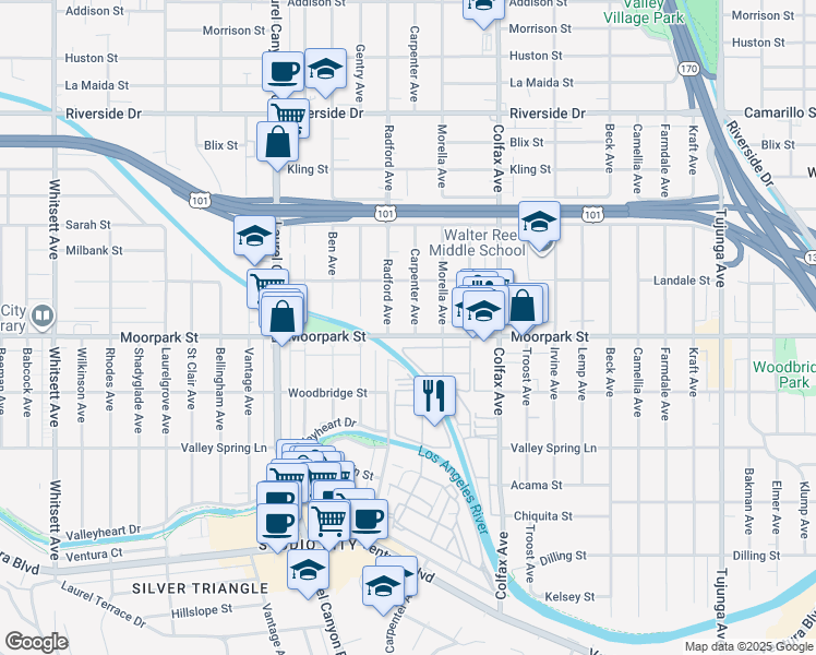 map of restaurants, bars, coffee shops, grocery stores, and more near 4405 Carpenter Avenue in Los Angeles
