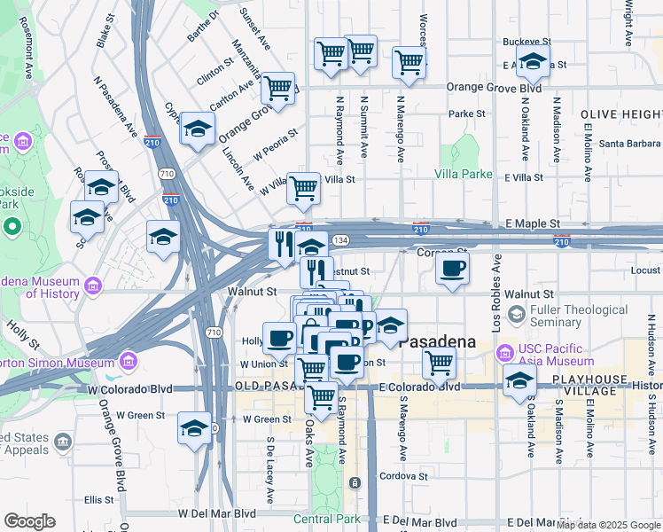 map of restaurants, bars, coffee shops, grocery stores, and more near 311 North Raymond Avenue in Pasadena