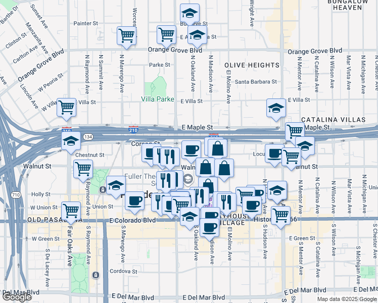 map of restaurants, bars, coffee shops, grocery stores, and more near 509 East Walnut Street in Pasadena