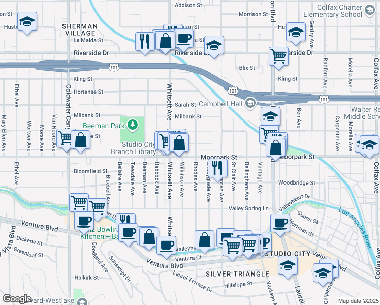 map of restaurants, bars, coffee shops, grocery stores, and more near 12407 Moorpark Street in Los Angeles