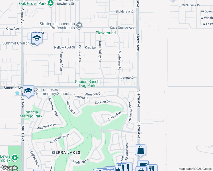 map of restaurants, bars, coffee shops, grocery stores, and more near 16621 Wyndham Lane in Fontana