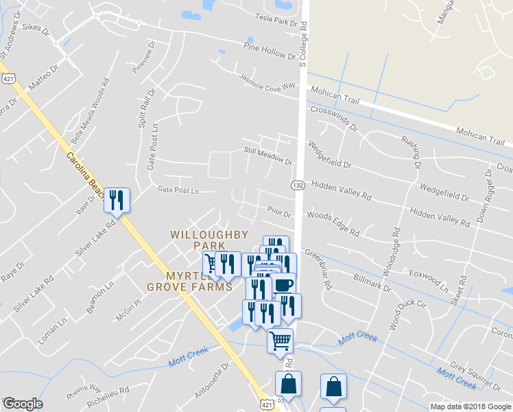 map of restaurants, bars, coffee shops, grocery stores, and more near 4612 Prior Drive in Wilmington