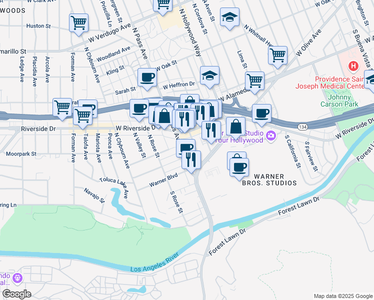 map of restaurants, bars, coffee shops, grocery stores, and more near in Burbank