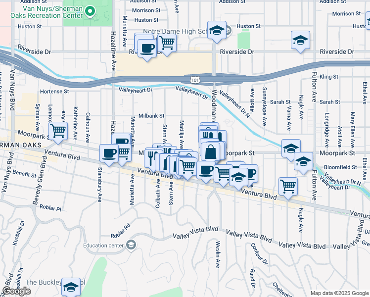map of restaurants, bars, coffee shops, grocery stores, and more near 4410 Matilija Avenue in Los Angeles