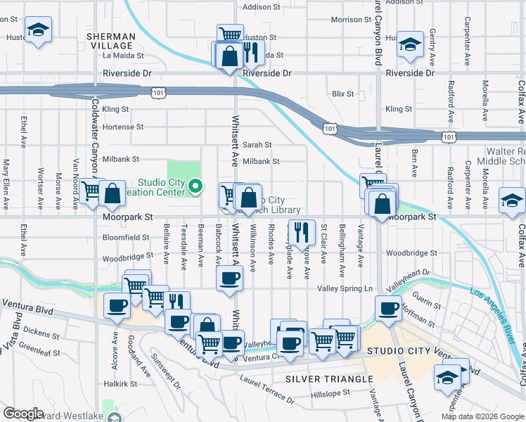 map of restaurants, bars, coffee shops, grocery stores, and more near 12407 Moorpark Street in Los Angeles