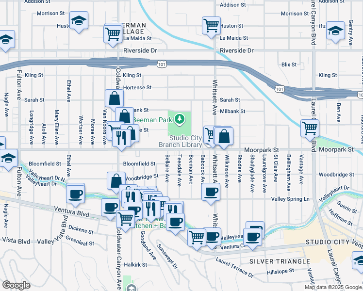 map of restaurants, bars, coffee shops, grocery stores, and more near 12633 Moorpark Street in Los Angeles