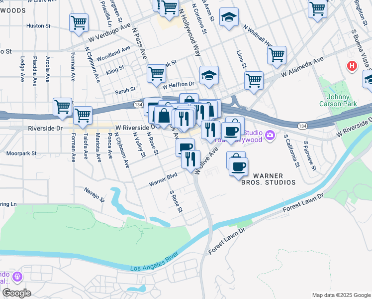 map of restaurants, bars, coffee shops, grocery stores, and more near 125 North Maple Street in Burbank