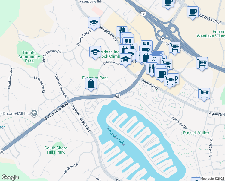 map of restaurants, bars, coffee shops, grocery stores, and more near 1094 Evenstar Avenue in Westlake Village