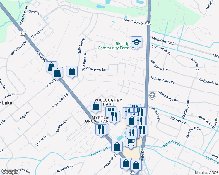 map of restaurants, bars, coffee shops, grocery stores, and more near 1609 Willoughby Park Road in Wilmington