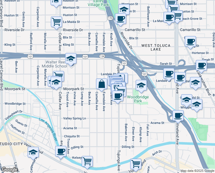 map of restaurants, bars, coffee shops, grocery stores, and more near 11445 Moorpark Street in Los Angeles