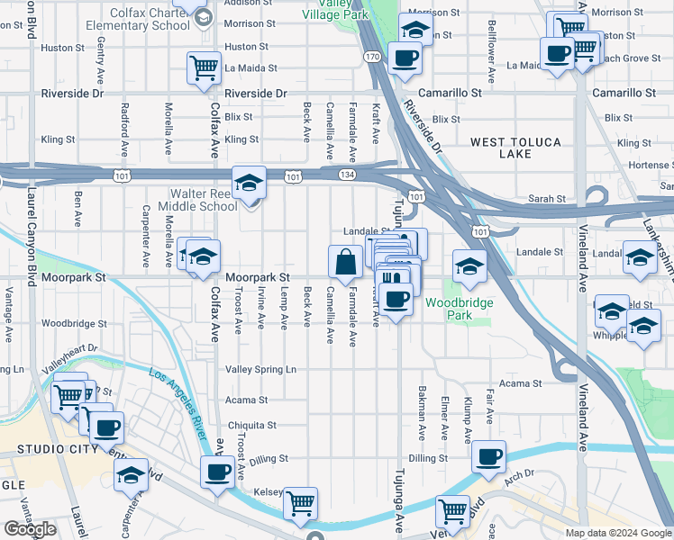 map of restaurants, bars, coffee shops, grocery stores, and more near 11485 Moorpark Street in Los Angeles