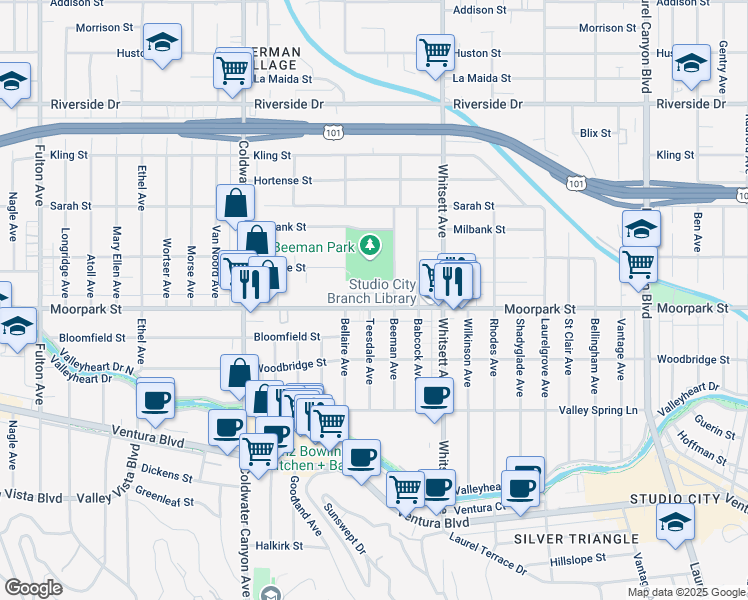 map of restaurants, bars, coffee shops, grocery stores, and more near 12633 Moorpark Street in Los Angeles