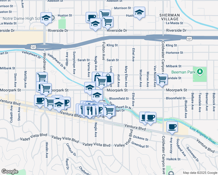 map of restaurants, bars, coffee shops, grocery stores, and more near 13261 Moorpark Street in Los Angeles