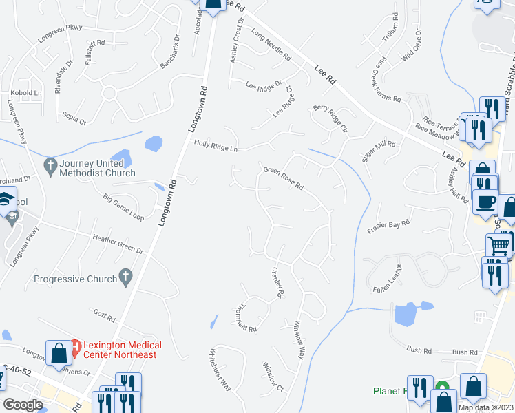 map of restaurants, bars, coffee shops, grocery stores, and more near 223 Green Rose Road in Columbia