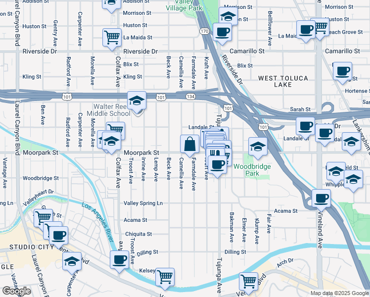 map of restaurants, bars, coffee shops, grocery stores, and more near 11485 Moorpark Street in Los Angeles