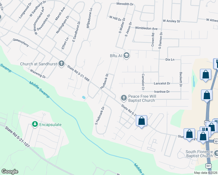 map of restaurants, bars, coffee shops, grocery stores, and more near 925 Charlestowne Blvd in Florence