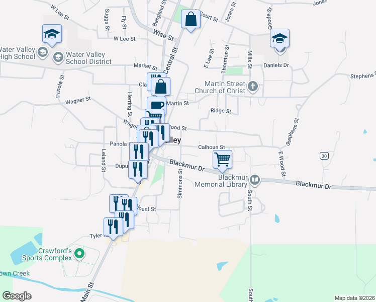 map of restaurants, bars, coffee shops, grocery stores, and more near 200-214 Judson Dr in Water Valley