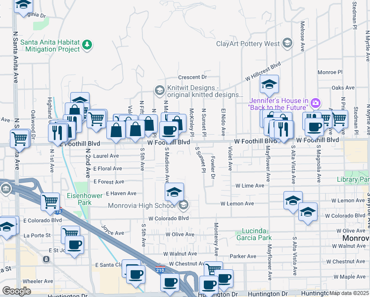 map of restaurants, bars, coffee shops, grocery stores, and more near 826 West Foothill Boulevard in Monrovia
