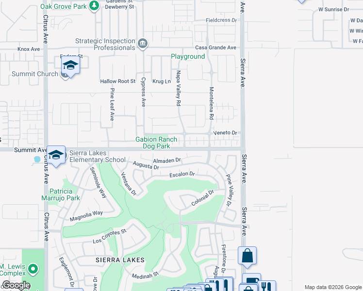 map of restaurants, bars, coffee shops, grocery stores, and more near 16571 Wyndham Lane in Fontana