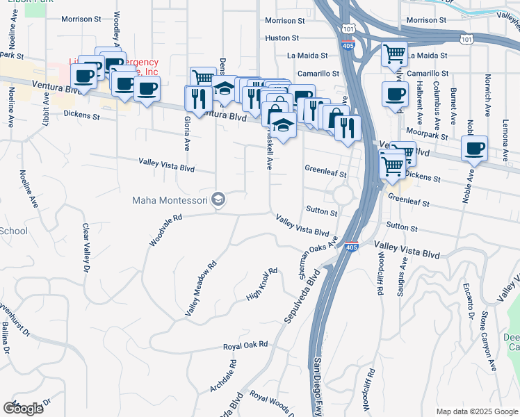 map of restaurants, bars, coffee shops, grocery stores, and more near 15613 Woodvale Road in Los Angeles