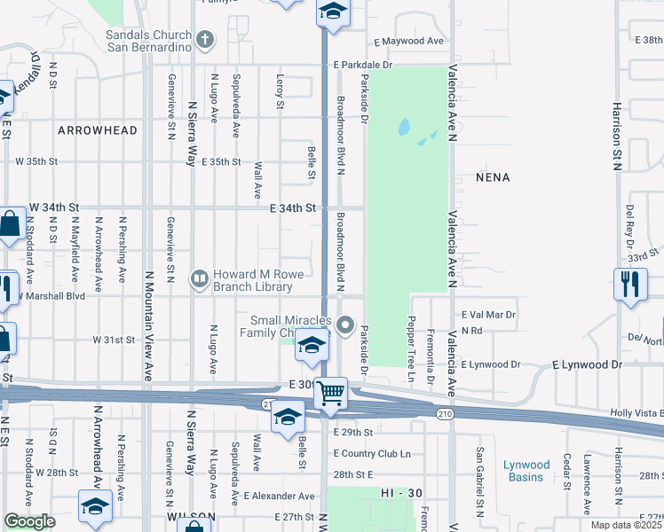 map of restaurants, bars, coffee shops, grocery stores, and more near 3272 Broadmoor Boulevard in San Bernardino