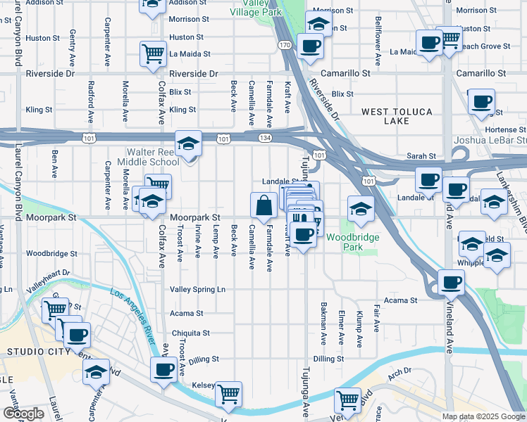 map of restaurants, bars, coffee shops, grocery stores, and more near 11469 Moorpark Street in Los Angeles